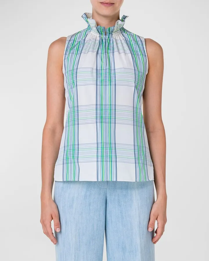 Check Ruffle-Collar Techno Taffeta Sleeveless Top