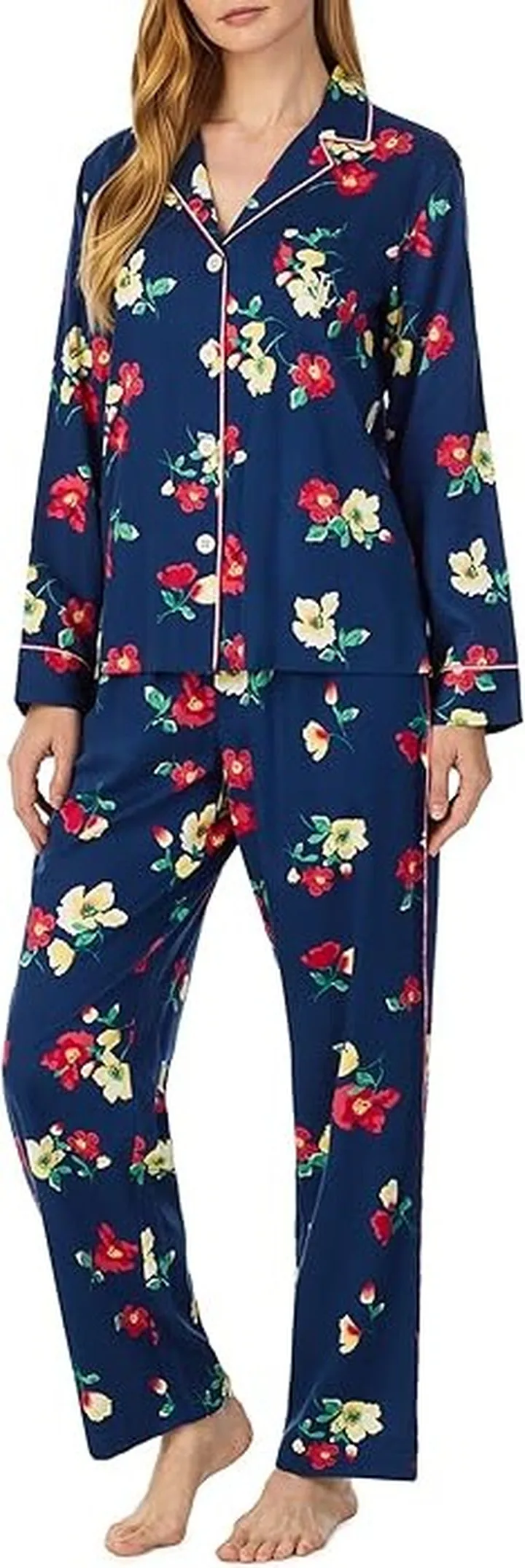 LAUREN Ralph Lauren Sateen Notch PJ Set (Navy Floral) Women's Pajama Sets