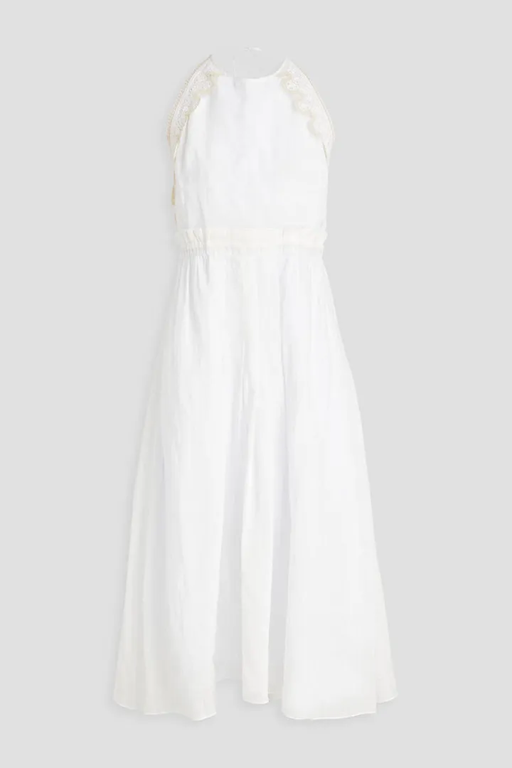 Jonquille crocheted lace-trimmed ramie midi dress