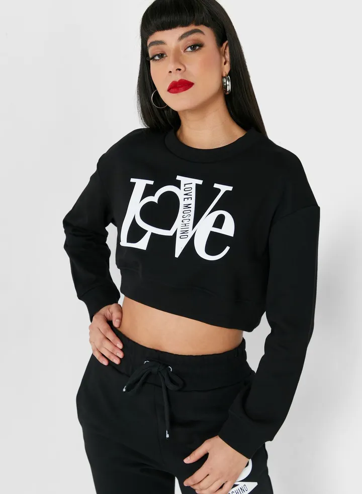 Round Neck Graphic Crop Sweatshirt