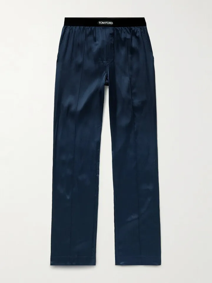 Velvet-Trimmed Stretch-Silk Satin Pyjama Trousers