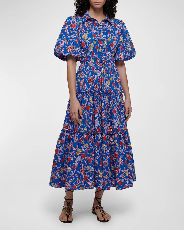 Dahlia Floral Balloon-Sleeve Midi Dress
