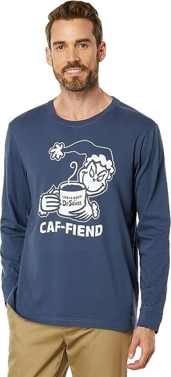 Life is Good Retro Grinch Caf-Fiend Long Sleeve Crusher Tee (Darkest Blue) Men's Clothing