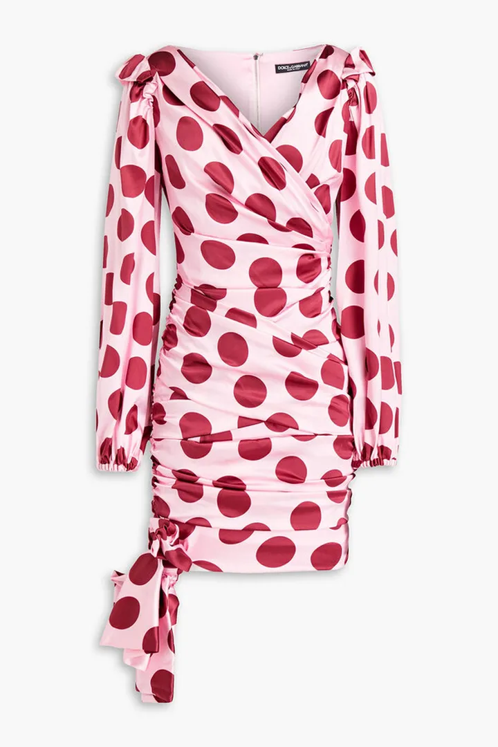 Polka-dot ruched stretch-silk satin mini dress