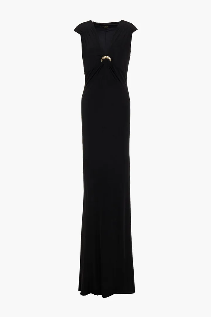 Appliquéd ruched stretch-jersey maxi dress
