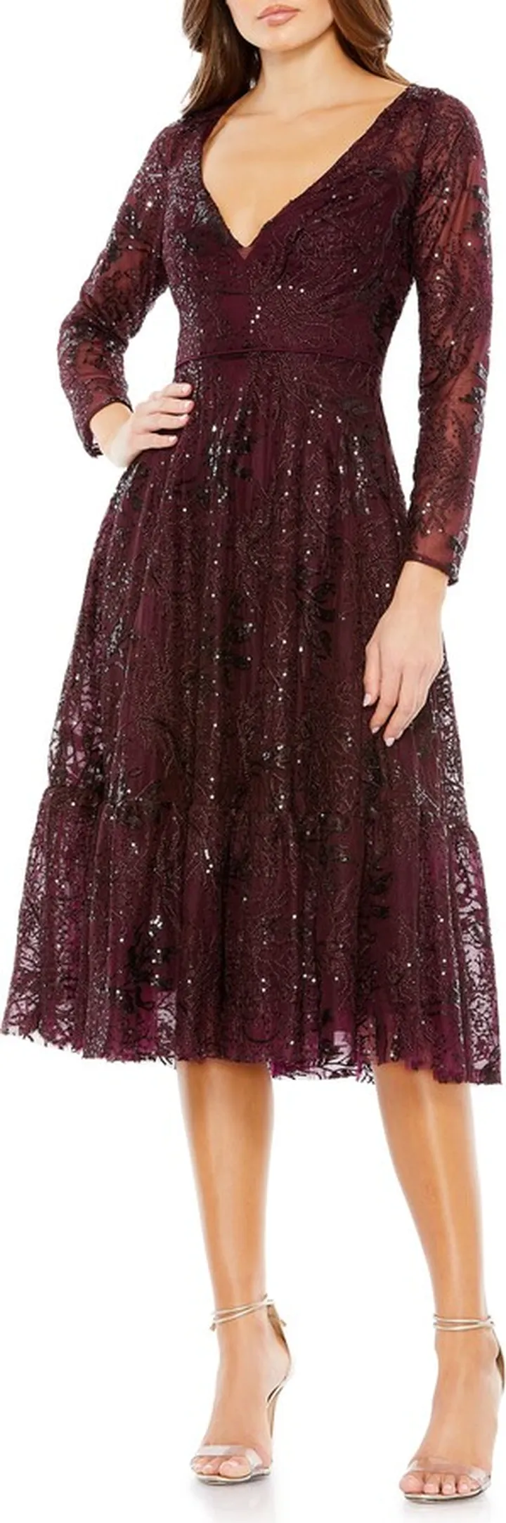Embellished Lace Long Sleeve Cocktail Dress