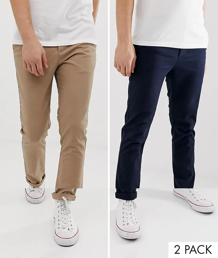 ASOS DESIGN 2 pack skinny chinos in navy & stone