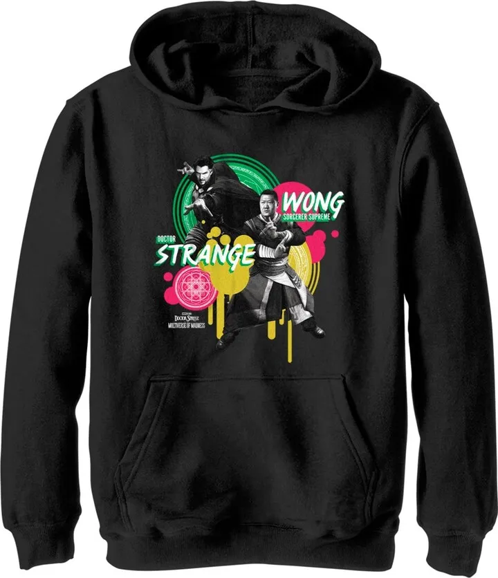Boy's Marvel Doctor Strange in the Multiverse of Madness Strange and Wong Paint Splatter Pull Over Hoodie - Black - Large