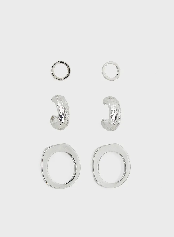 3 Pack Mix Hammered Stud Earring Set