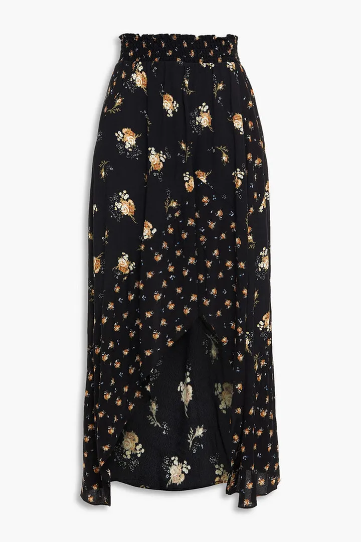 Shirred floral-print crepe midi skirt