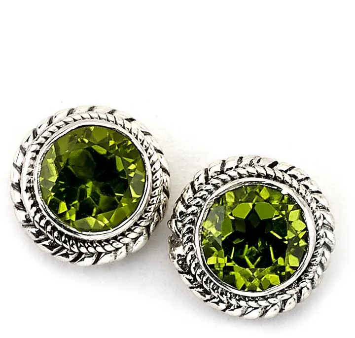 Sterling Silver Bezel Set Peridot Round Stud Earrings