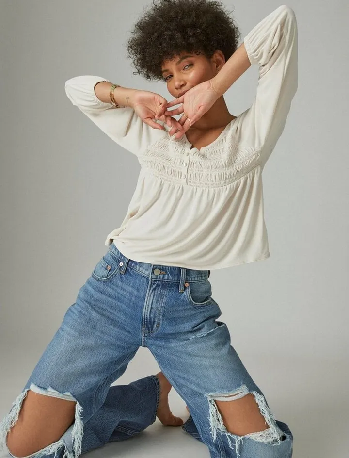 Lucky Brand Women's Long Sleeve Smocked Sandwash Top - Medium Dark Grey Medium