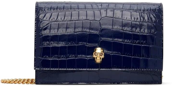 Alexander McQueen Navy Croc Small Skull Bag