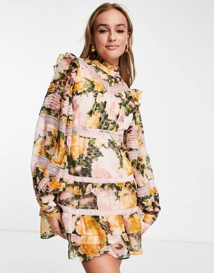 Miss Selfridge chiffon victoriana lace insert mini dress in pink floral