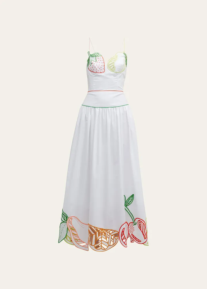 Drop Waist Midi Dress with Fruit Embroidery