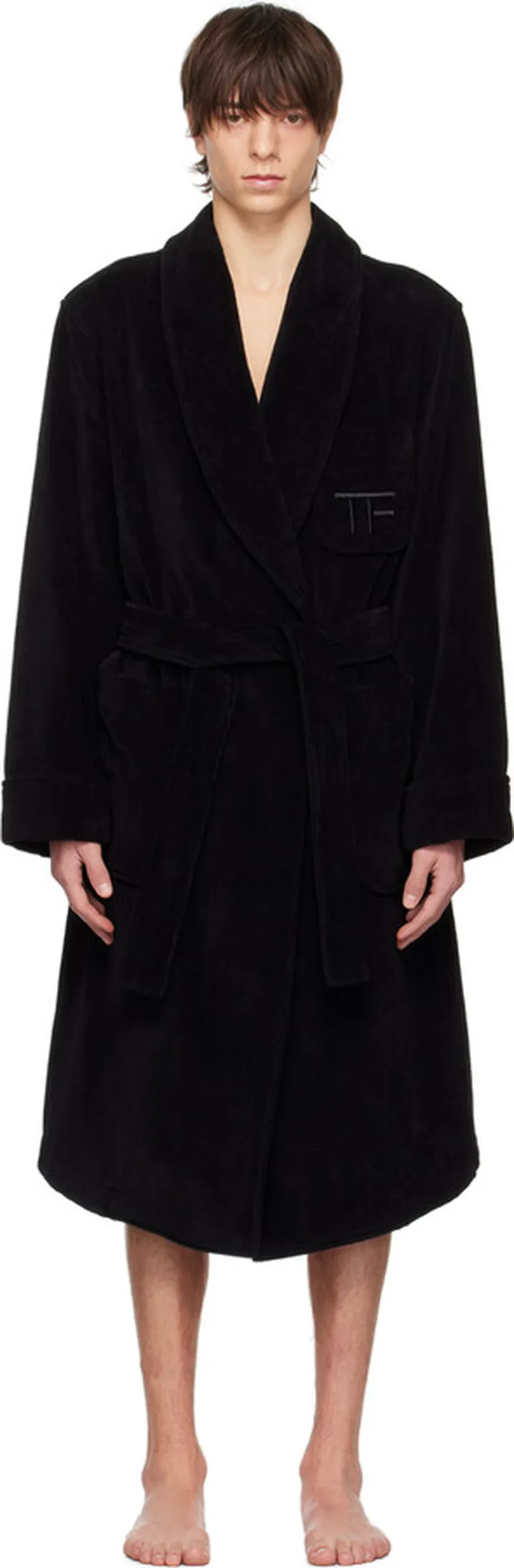 TOM FORD Black Solid Towelling Shawl Collar Robe