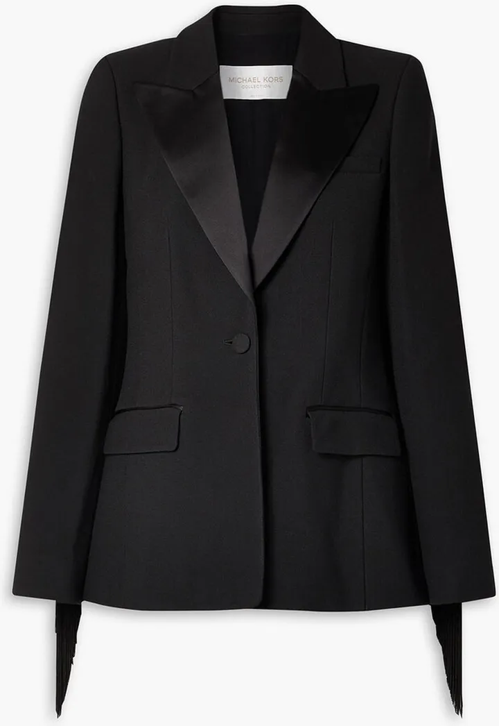 Satin-trimmed fringed crepe blazer