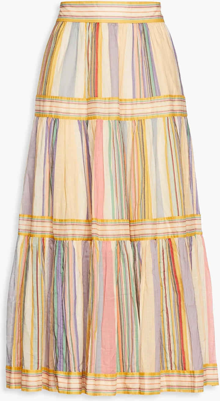 Gathered striped cotton midi skirt