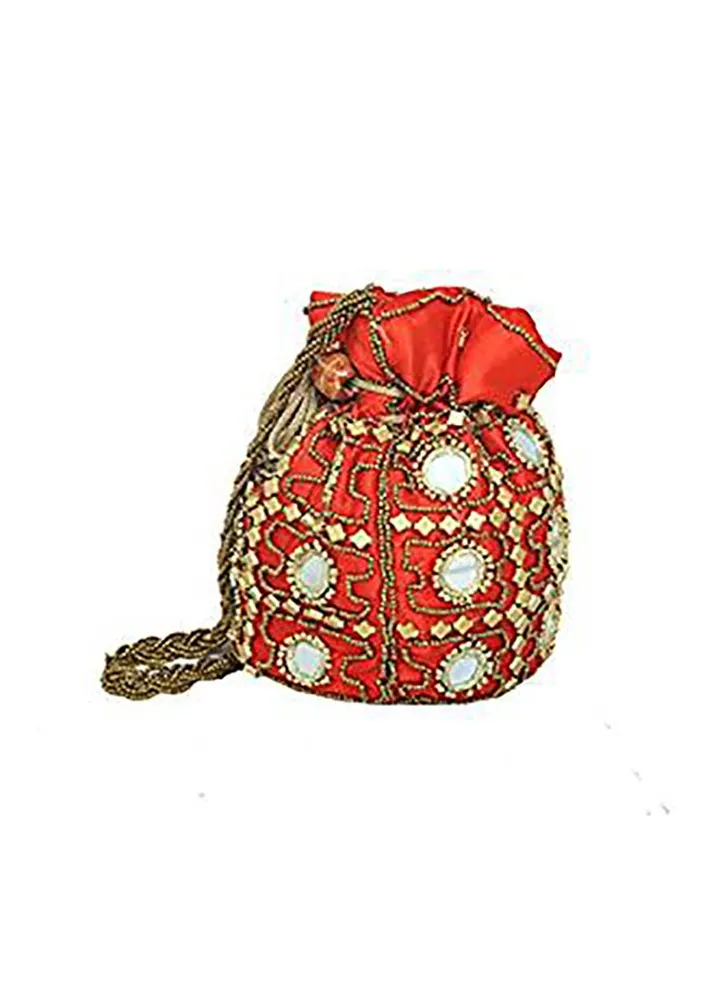 Ethnic Mirror Work Rajasthani Potli Bag Orange/Gold