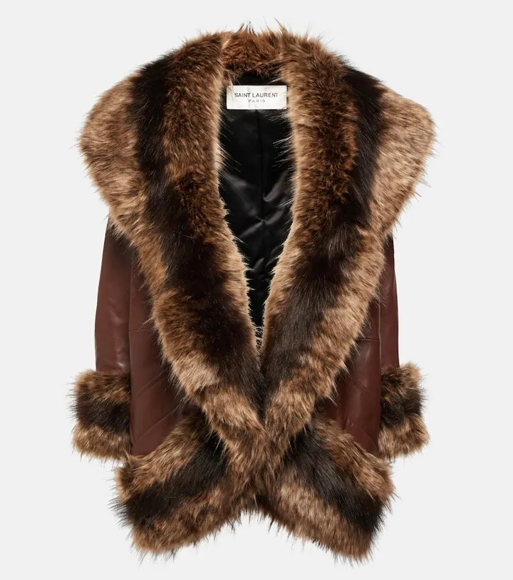 Faux fur-trimmed leather coat