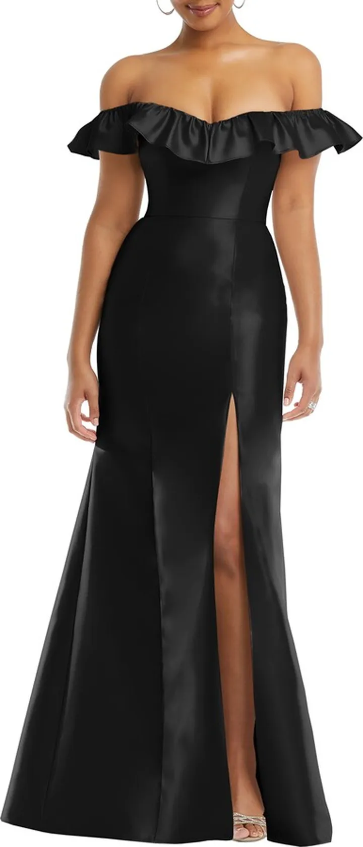 Off the Shoulder Ruffle Satin Trumpet Gown