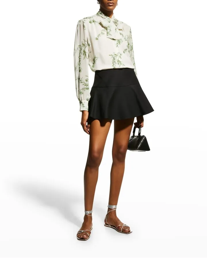 Vine-Print Tie-Neck Silk Blouse