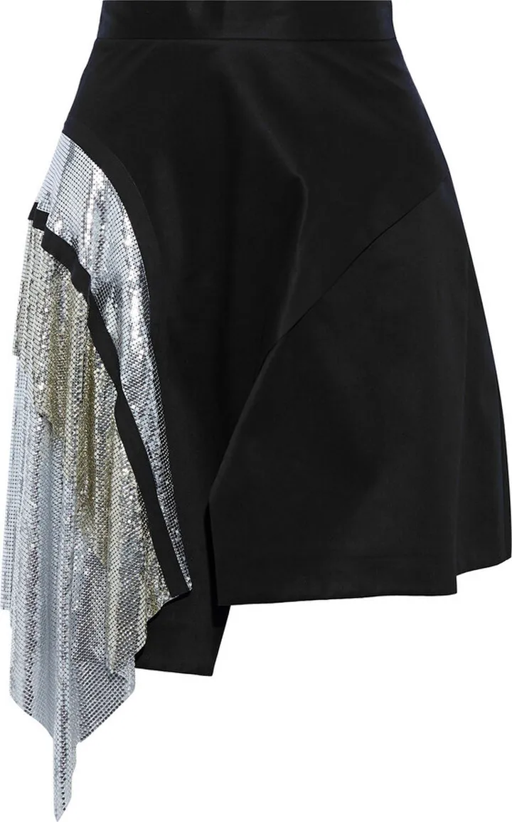 Asymmetric chainmail-paneled cotton-twill mini skirt