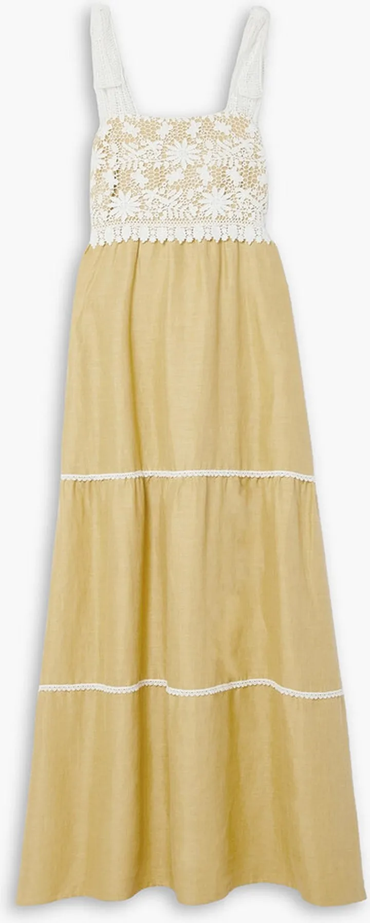 Juniper tiered crocheted lace and linen maxi dress