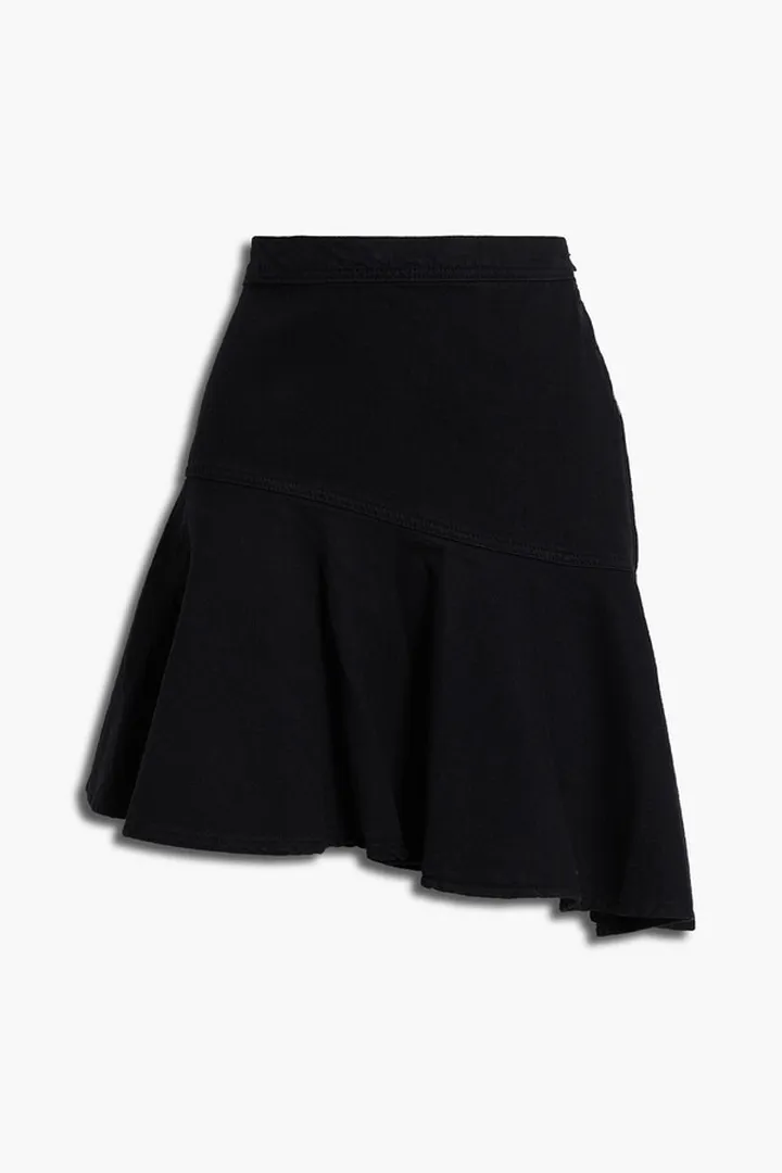 Yama asymmetric ruffled denim mini skirt