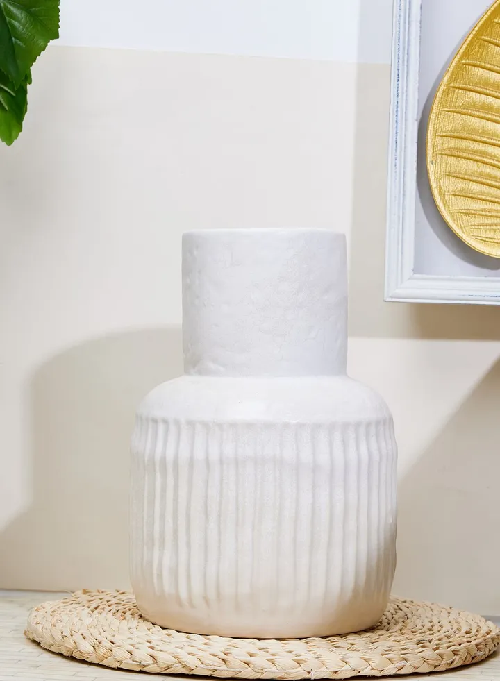 30Cm Wide Neck Vase With Ridges - Cream