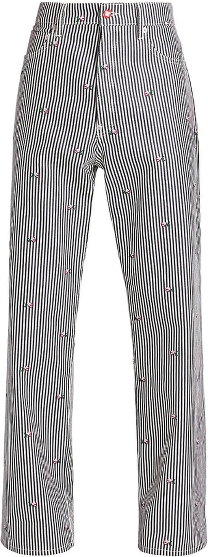 Floral-Embroidered Striped Wide-Leg Jeans