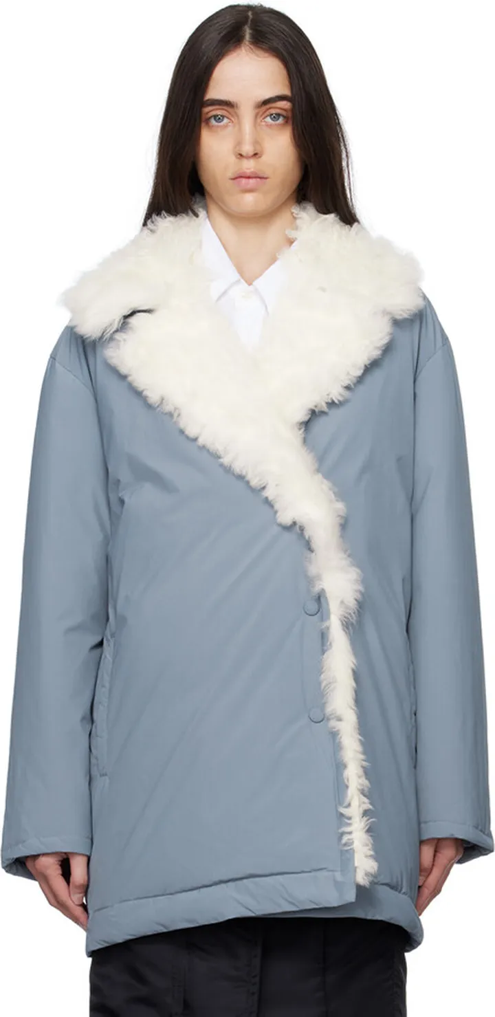 Yves Salomon SSENSE Exclusive Blue Single-Breasted Shearling Down Coat