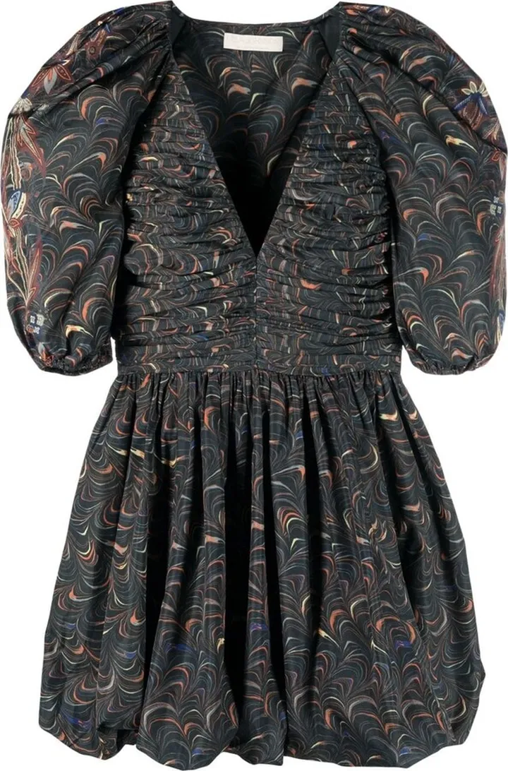 Marbled Puff-Sleeve Ruched Dress