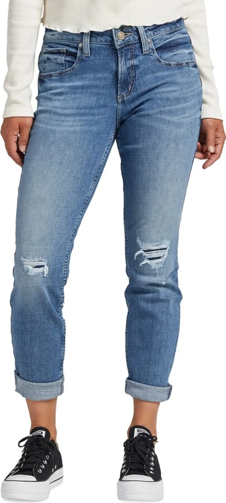 Silver Jeans Co. Women's Boyfriend Mid-Rise Slim Ripped Jeans