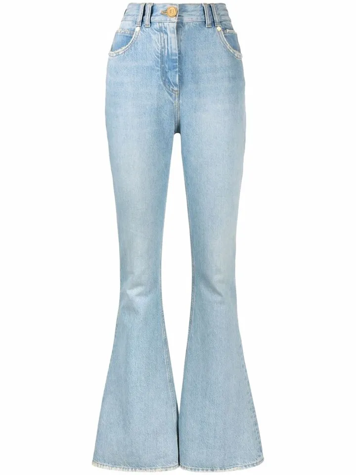 Monogram-print high-waist bootcut jeans
