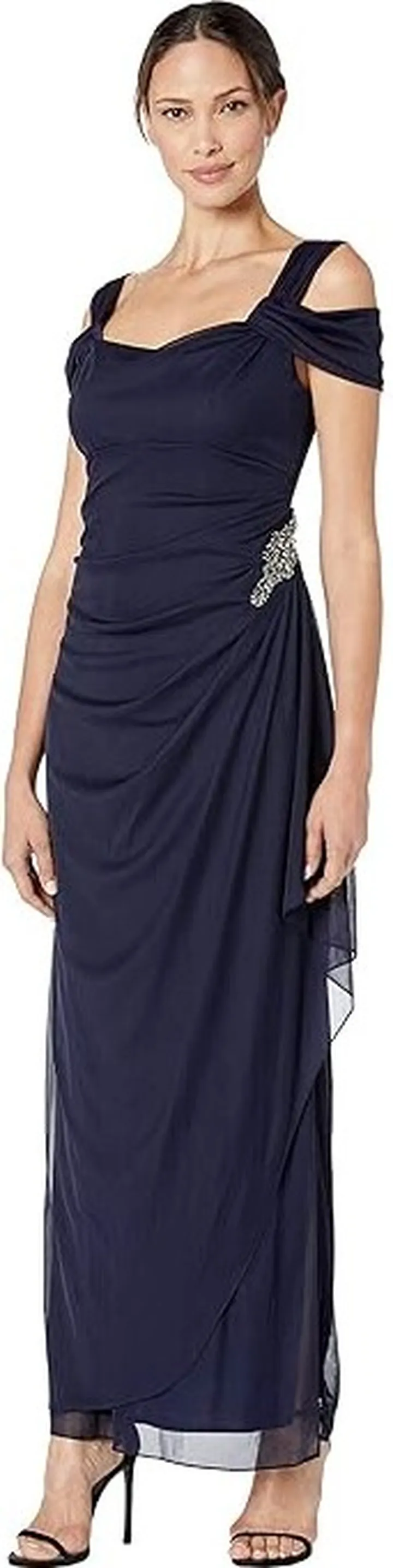 Alex Evenings Long Cold Shoulder Dress with Cowl Neckline (Navy) Women's Dress