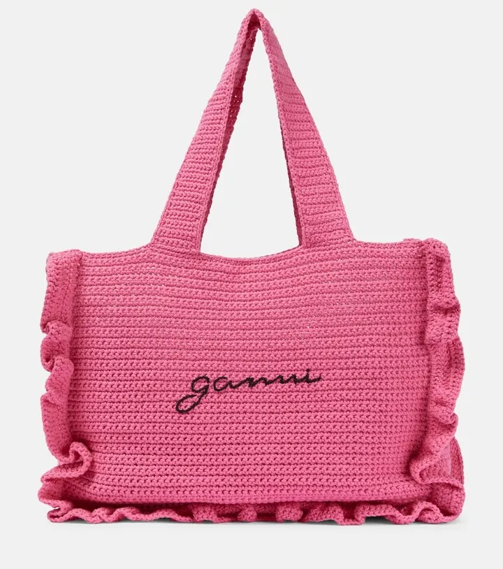 Frill-trimmed crochet tote bag