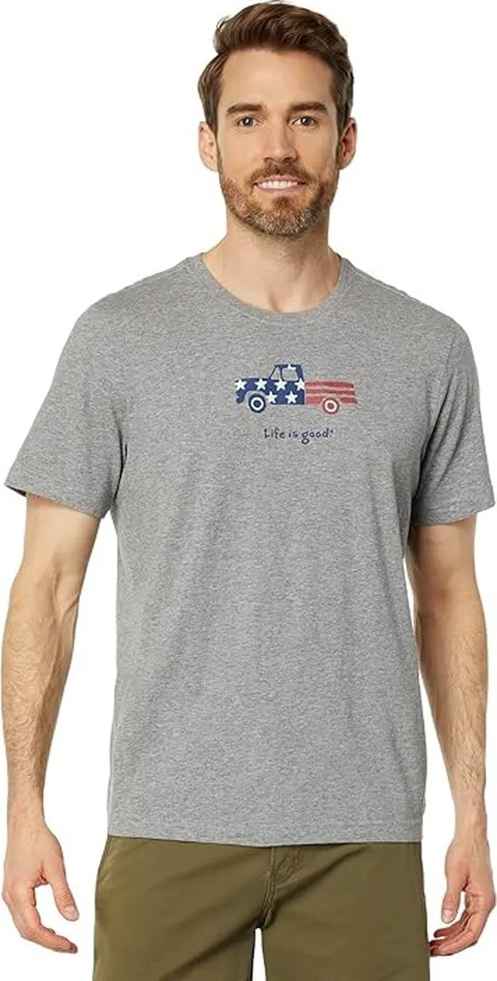 Life is Good Patriotic Truck Short Sleeve Crusher-Lite Tee (Heather Gray) Men's T Shirt