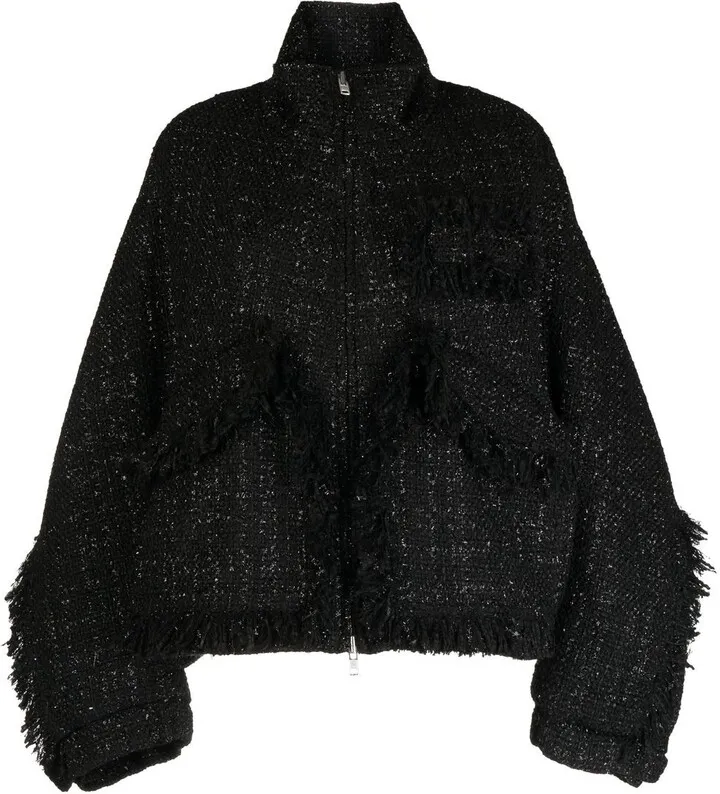 Stand-Collar Tweed Bomber Jacket