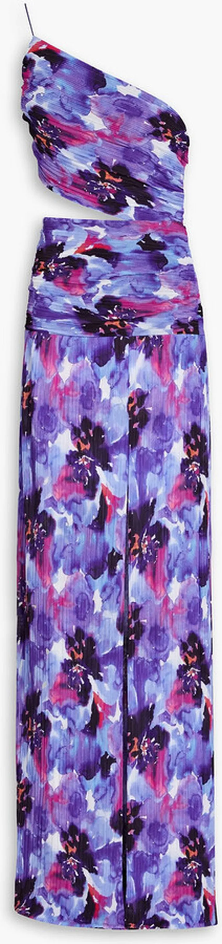 One-shoulder floral-print plissé-chiffon gown