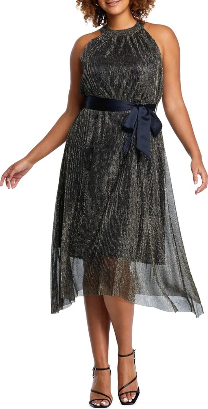 Gloria Metallic Plissé Halter Midi Dress