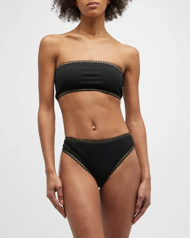 Crochet-Trim Metallic Bandeau Bikini Top