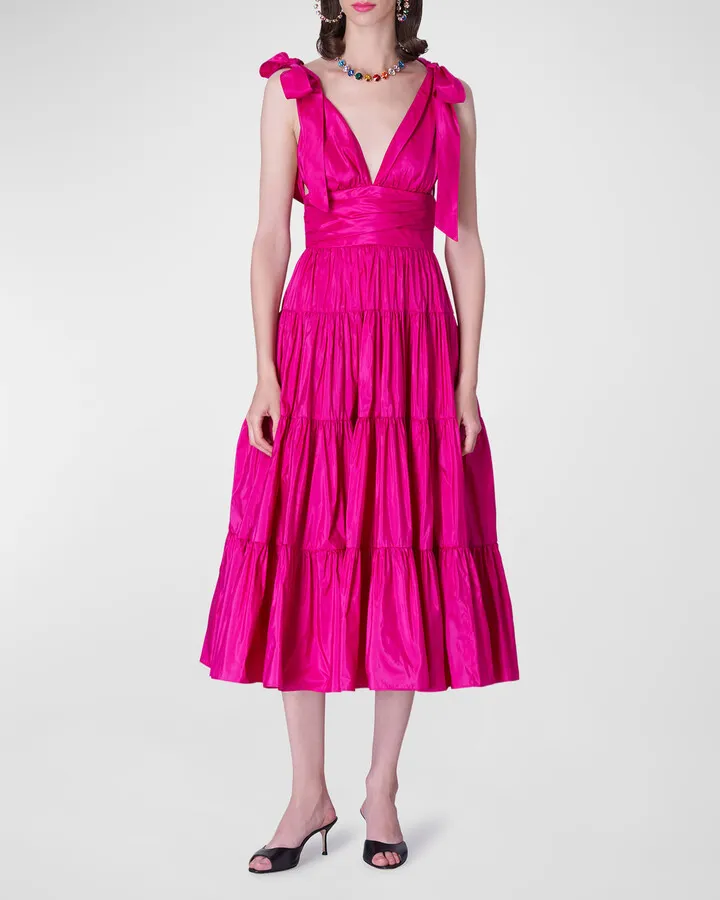 Plunging Shoulder-Bow Tiered Midi Dress