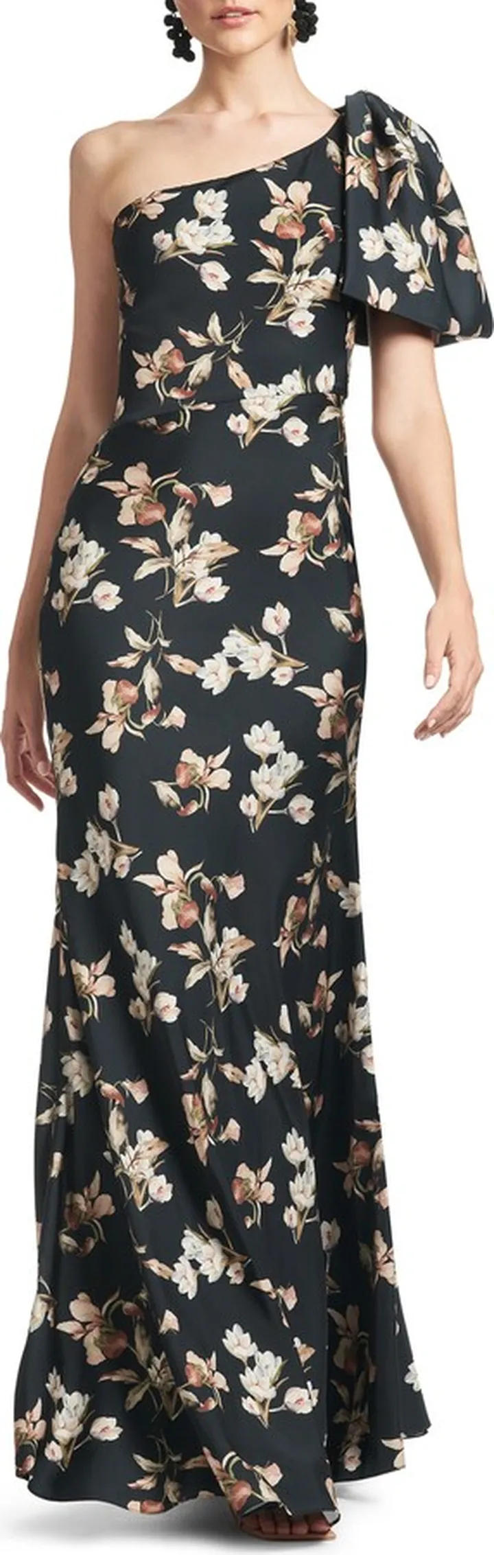 Aubrey One-Shoulder Floral Satin Charmeuse Body-Con Gown