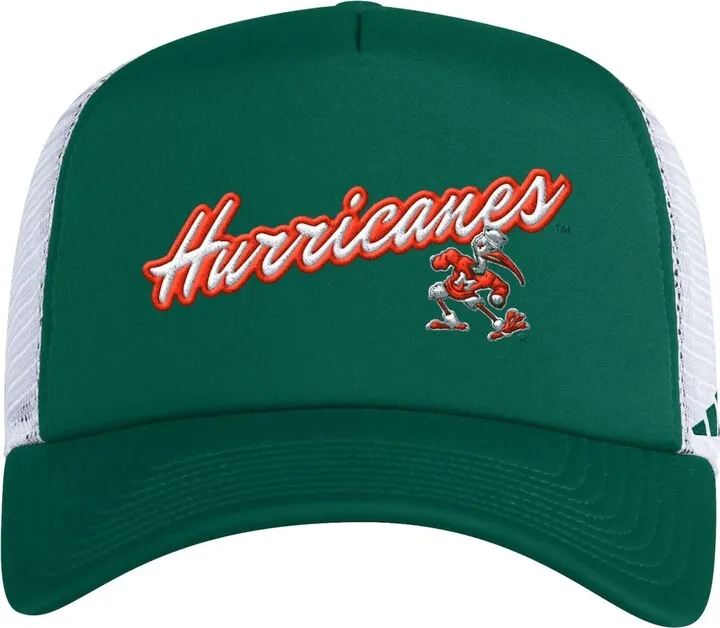 Men's adidas Green Miami Hurricanes Script Trucker Snapback Hat