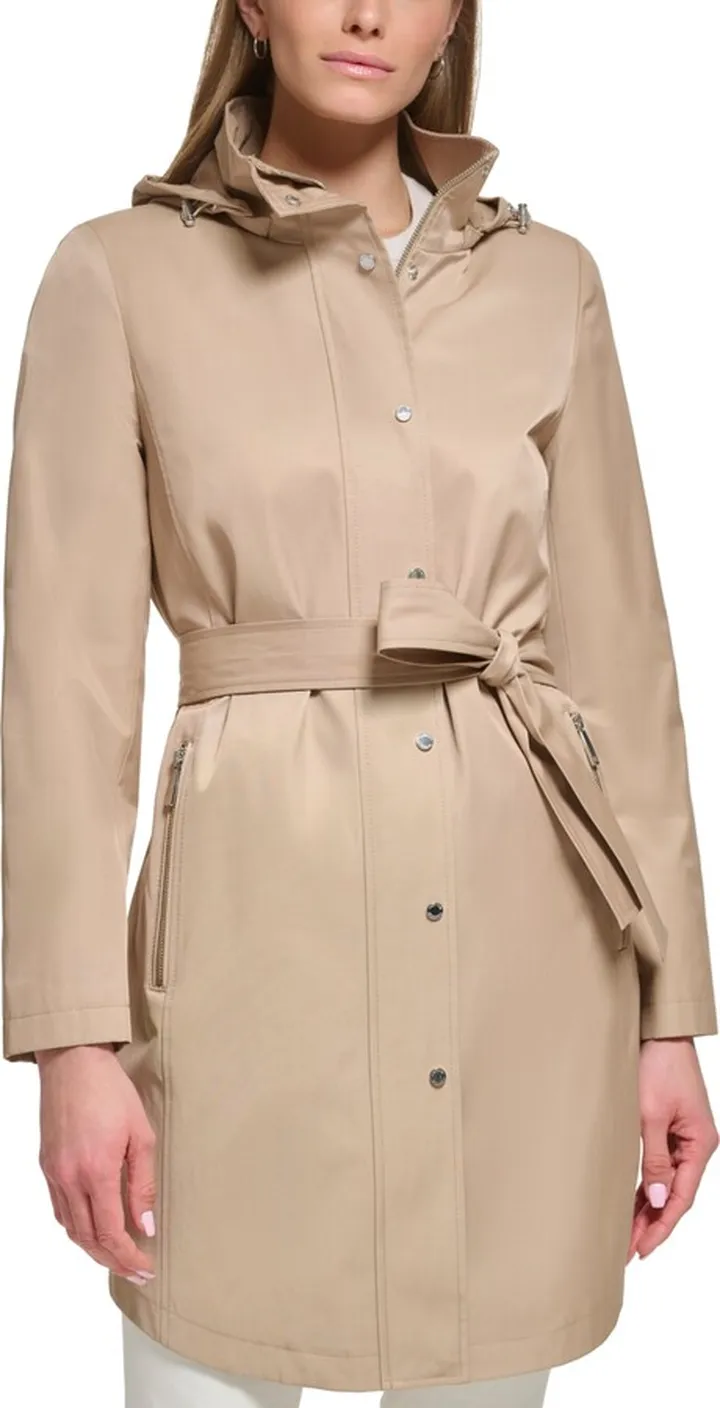 Calvin Klein Women's Petite Zip-Front Hooded Belted Raincoat