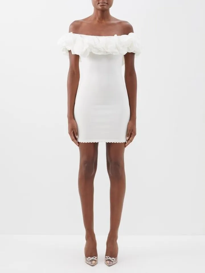 Lace-ruffle Off-the-shoulder Knitted Mini Dress