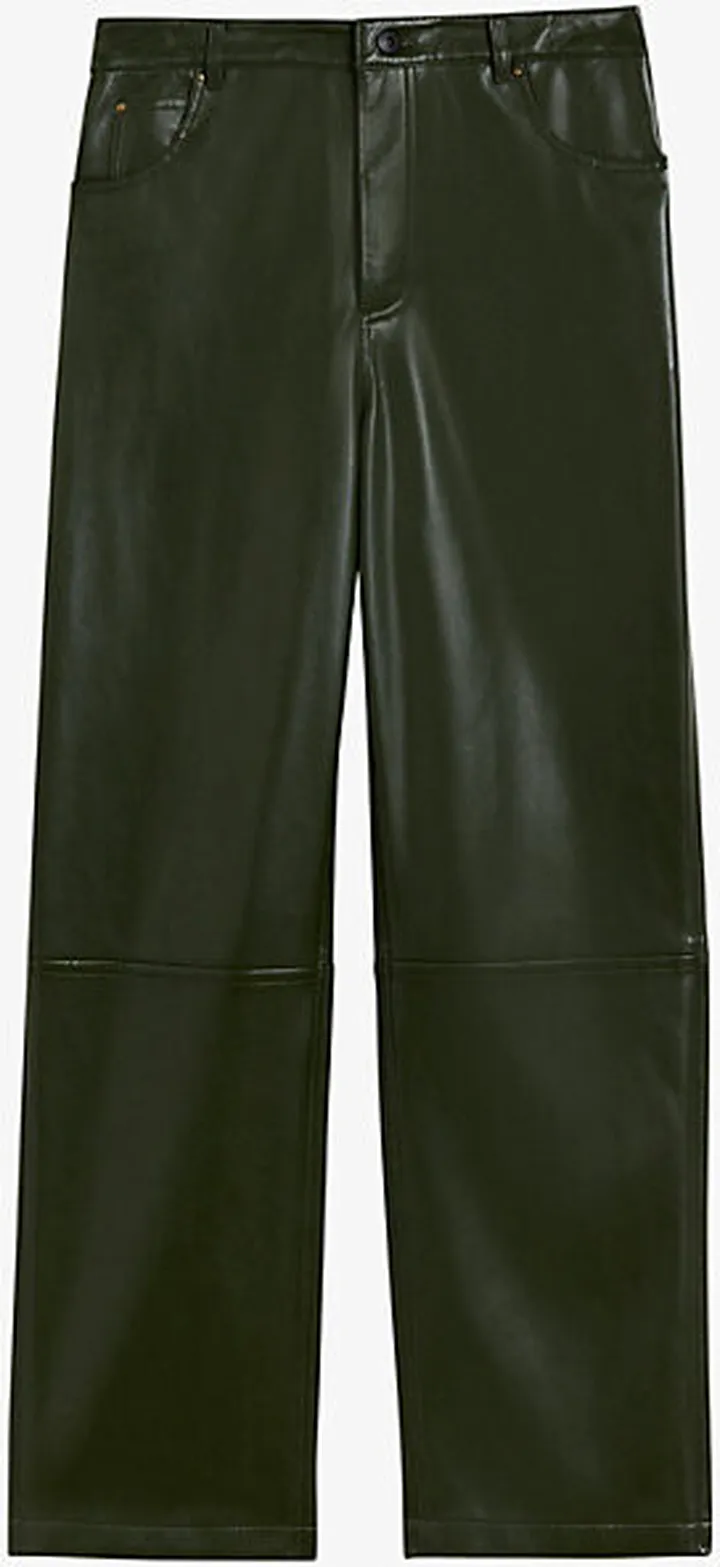 Womens Khaki Plaider Straight-leg Mid-rise Faux-leather Trousers