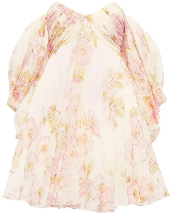 Off-shoulder floral silk minidress