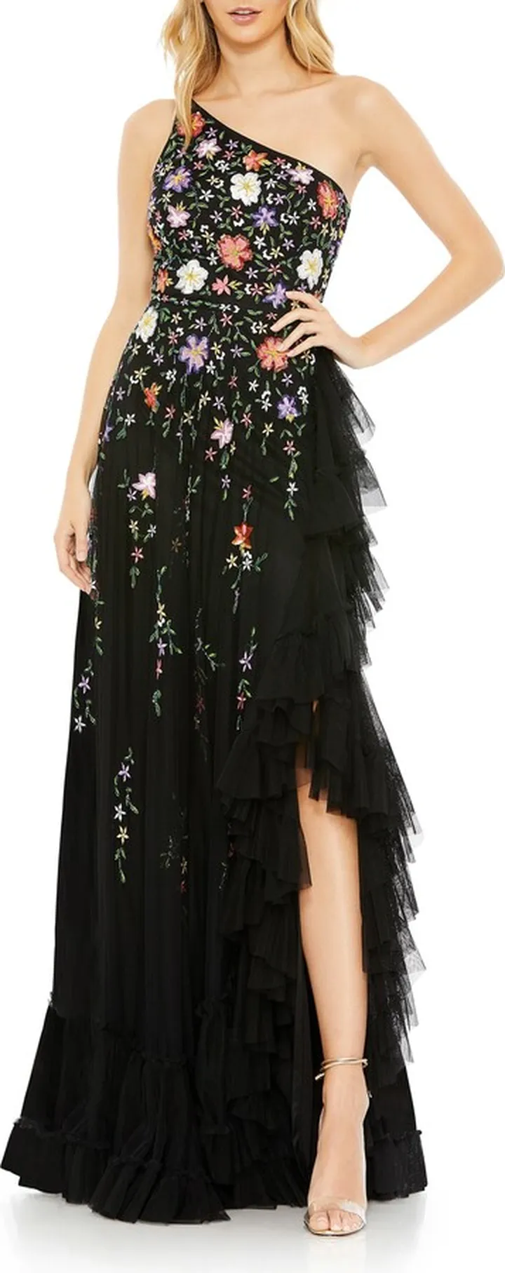 Floral Embroidered One-Shoulder Gown
